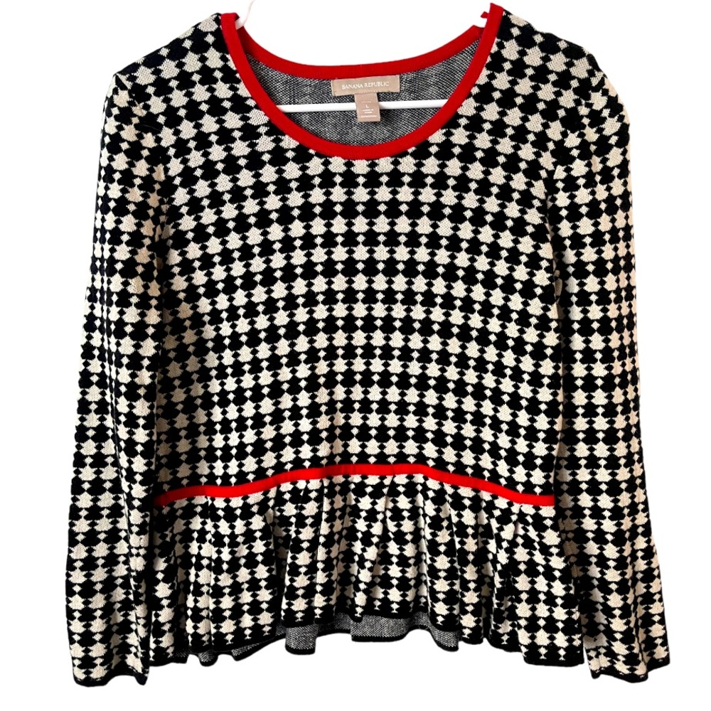 Banana Republic Red Black &‎ Cream Long Sleeve Peplum Houndstooth Cotton Sweater